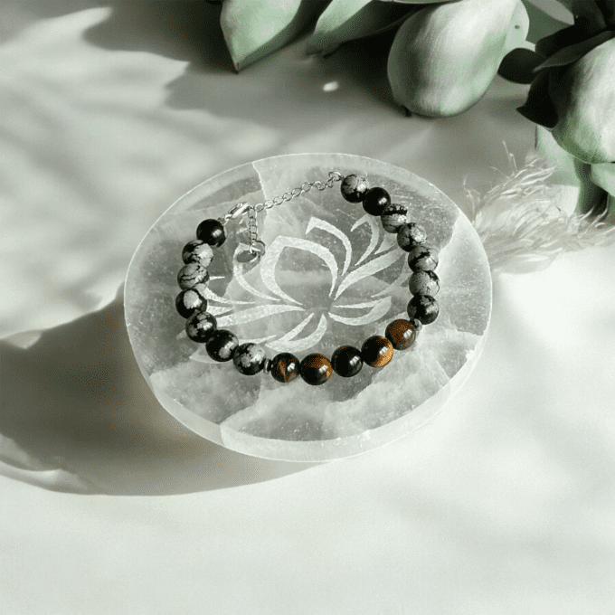 Bracelet en Obsidienne flocon de Neige et Œil de tigre 